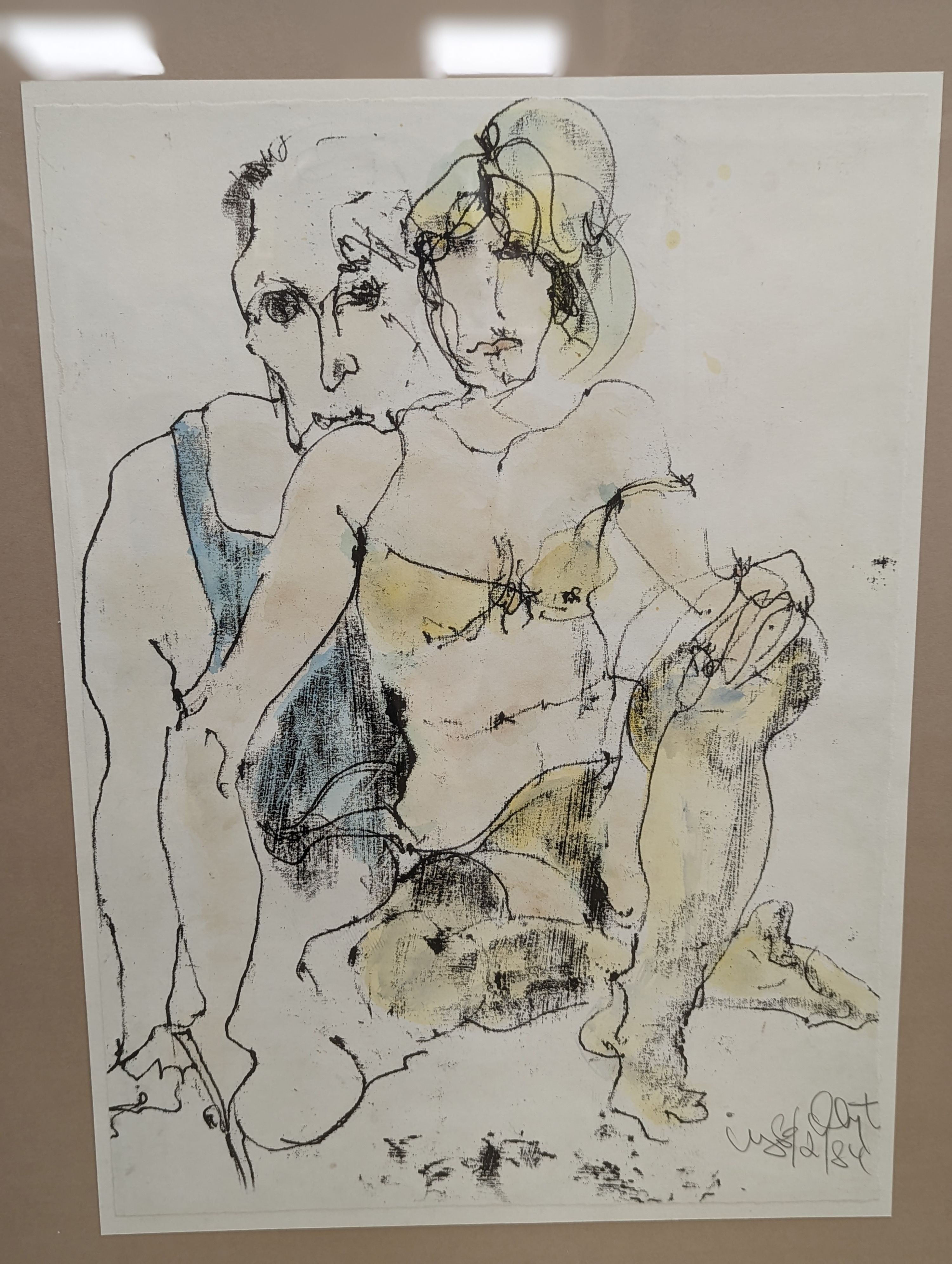 Inge Clayton (1942-2010), two monotype prints with watercolour, Figure studies, signed and dated '84, 50 x 36cm and 48 x 32cm